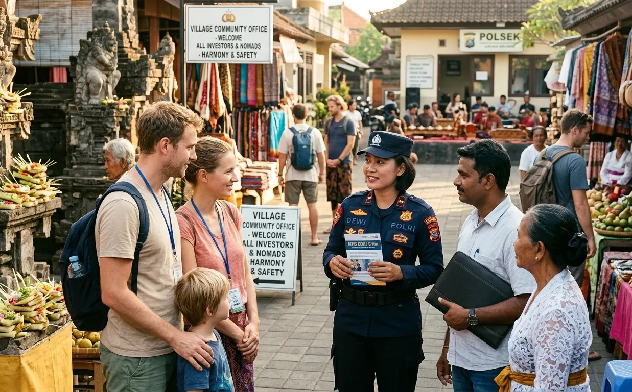 A vibrant street scene in a Balinese village showing community members and tourists.