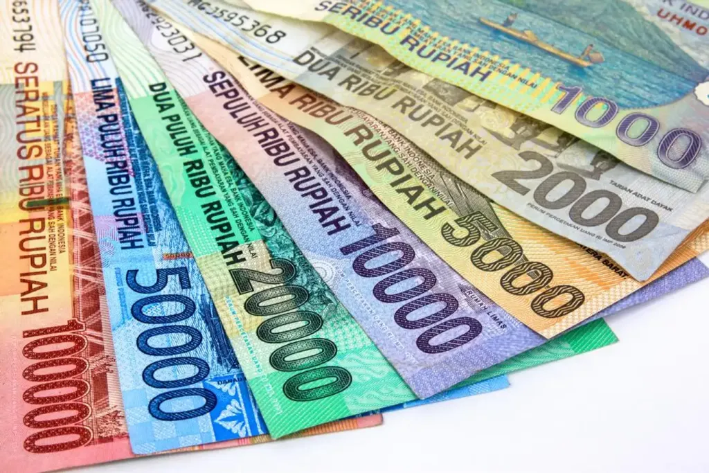 A fan of colorful Indonesian Rupiah banknotes.