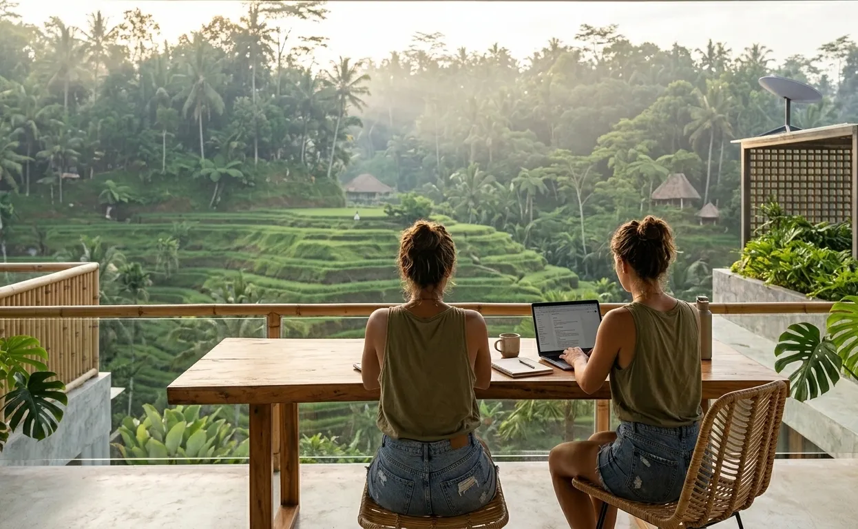 Two women working on laptops at a wooden table on a modern terrace.