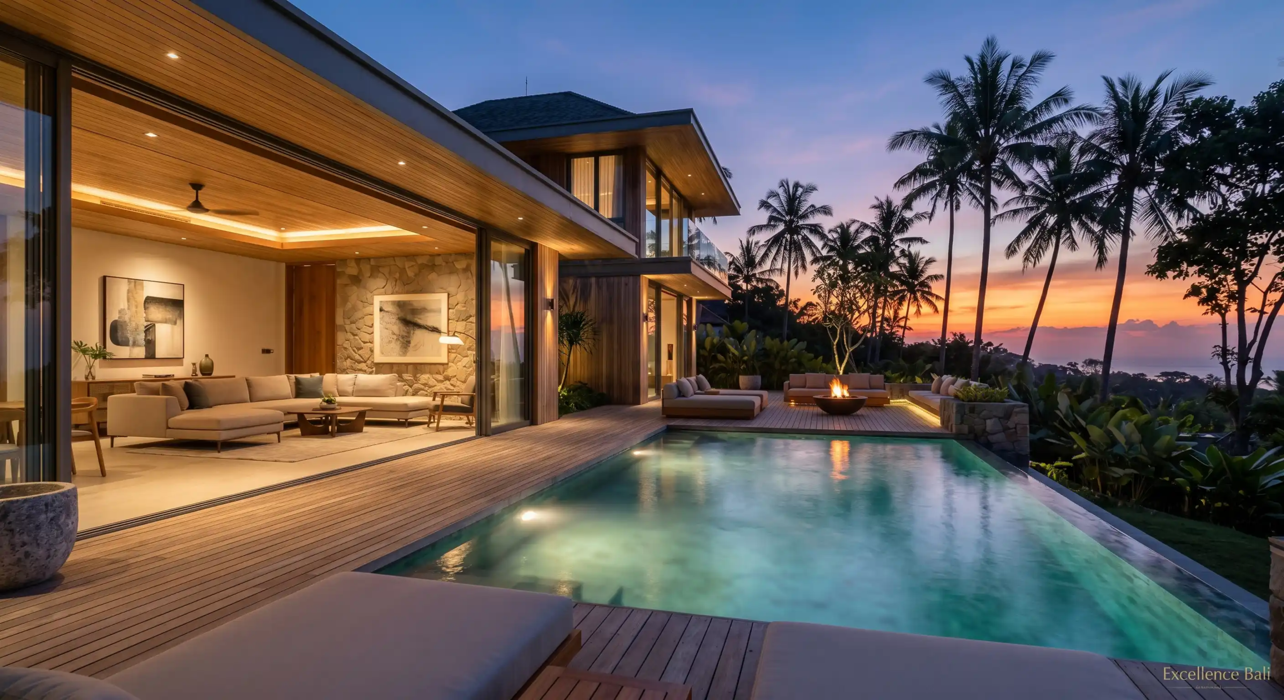 Luxury modern villa terrace at sunset with an infinity pool, wooden deck, outdoor seating, fire pit, and open-plan living room.