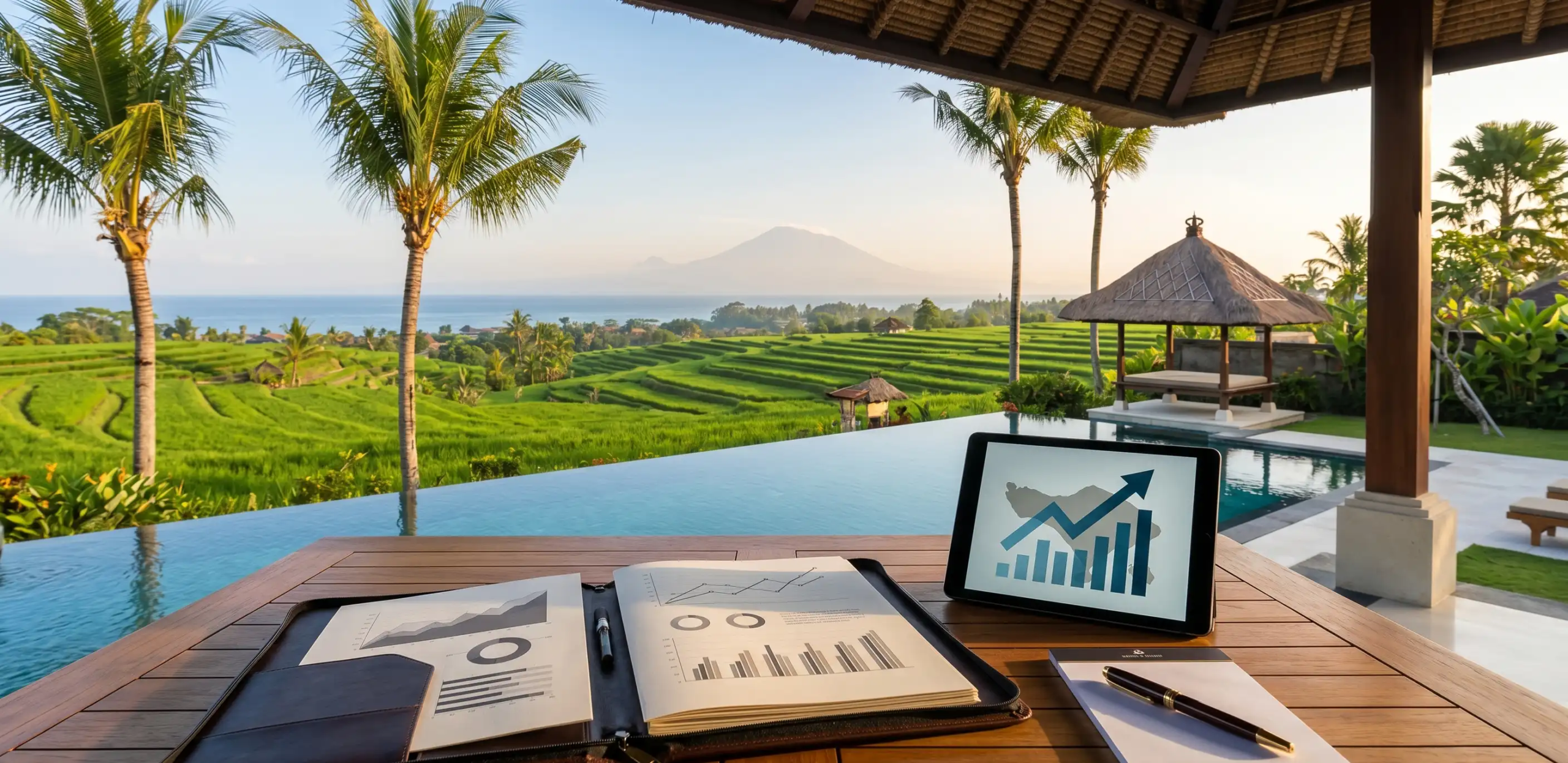 A wooden table on a luxury villa terrace featuring business documents and a tablet, overlooking an infinity pool and lush rice terraces.