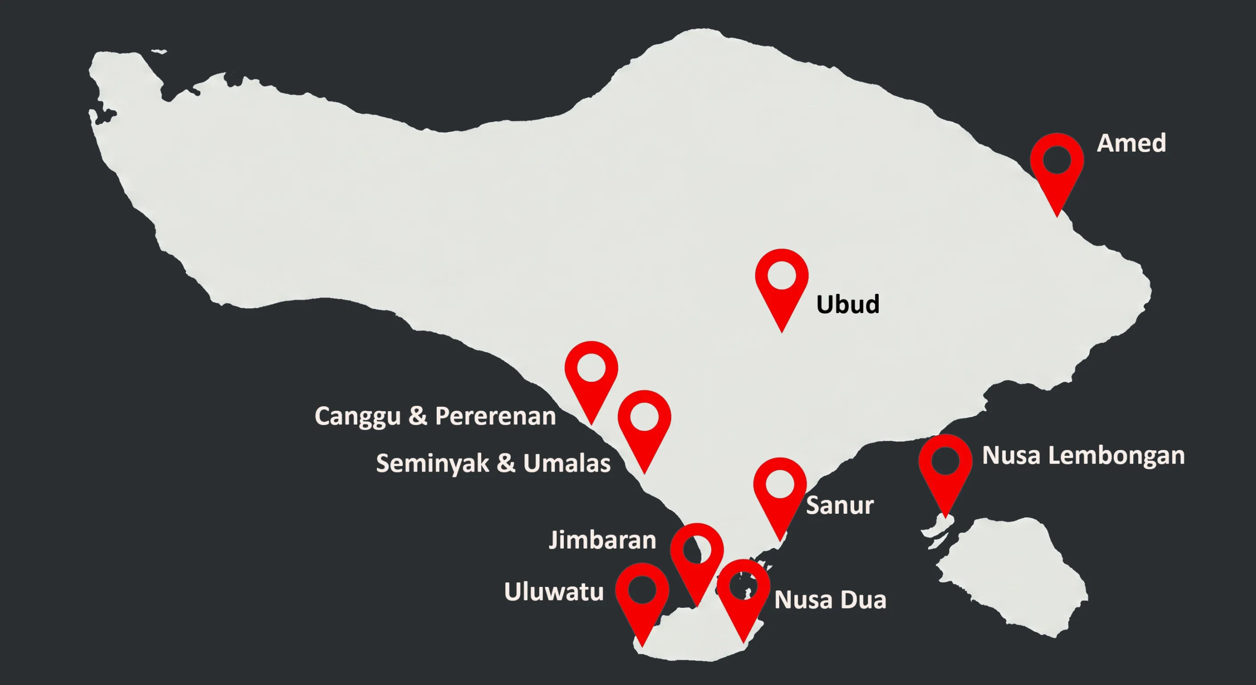 A map of Bali, Indonesia, highlighting popular real estate and vacation areas like Canggu, Ubud, Uluwatu, and Sanur with red pins.
