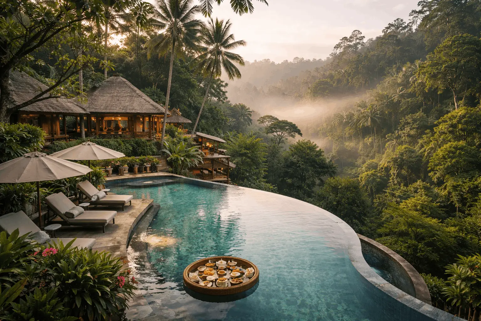 Luxury infinity pool overlooking a misty tropical jungle valley at sunrise, featuring sun loungers and a floating breakfast tray.