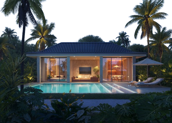 Modern tropical villa exterior at twilight with a glowing swimming pool, palm trees, and illuminated glass-walled rooms.